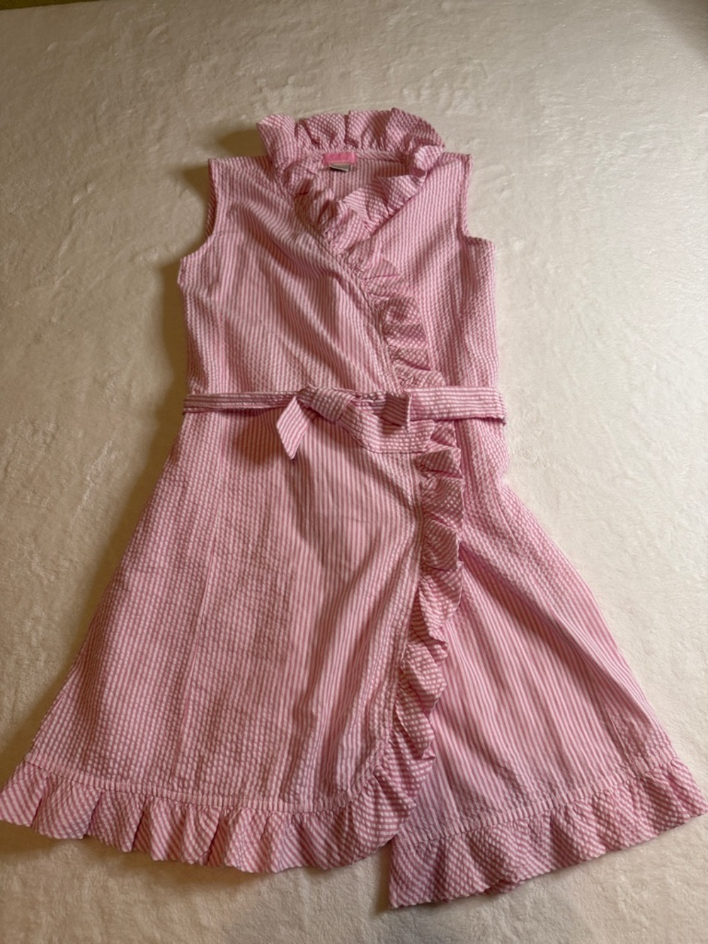 E.land Seer Sucker Pink Striped Ruffle Wrap Dress with Belted Waist